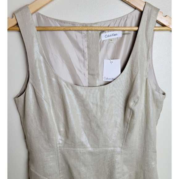 NWT Calvin Klein Linen Shimmery Metallic Sheath Dress Cream Gold Size 10 - Picture 2 of 6